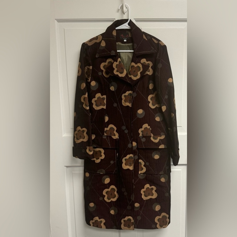 Scarlet Designs Brown Floral Tapestry Coat Mid Length Snap Front Jacket Small